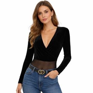CHETTA B Evening Black Velvet Sheer Mesh Long Sleeve Bodysuit Small